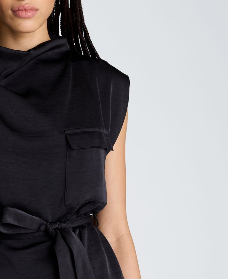 Women's Satin High Cowl Neck Tie Front Blouse with Chest Pockets
