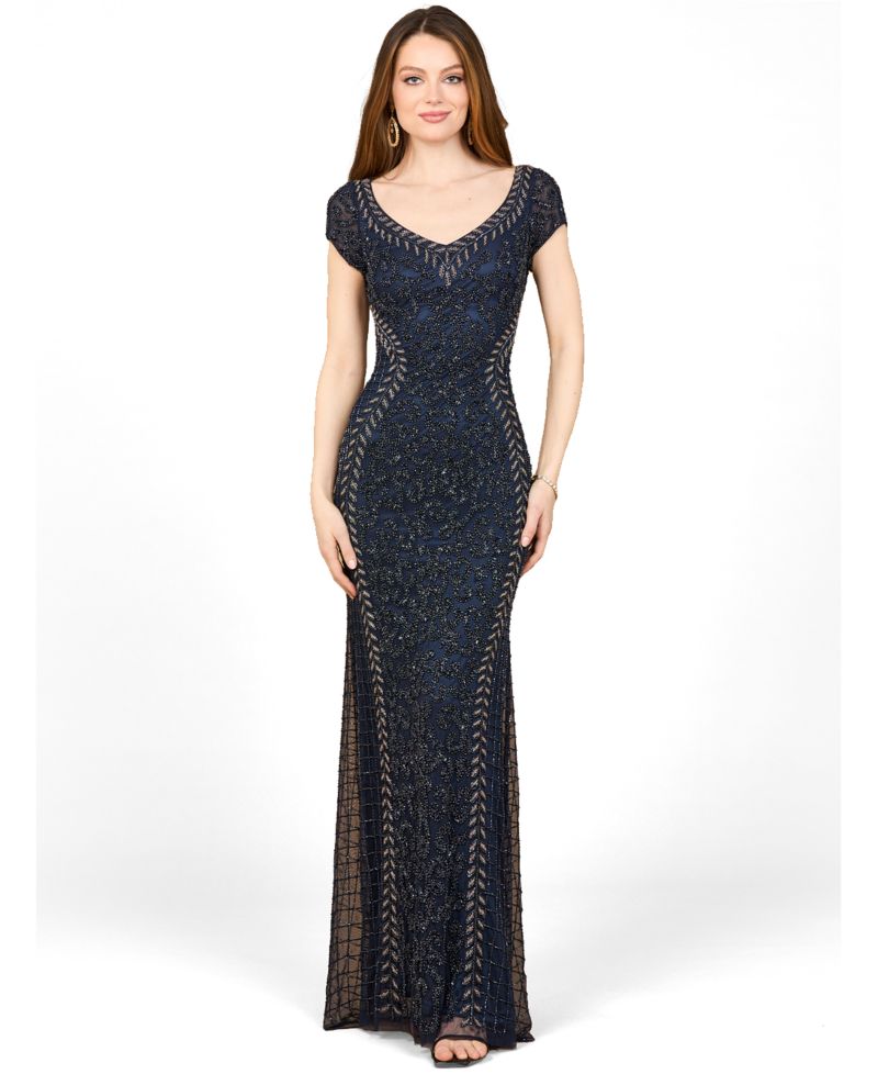 Women's Beaded Mermaid Cap Sleeve Gown