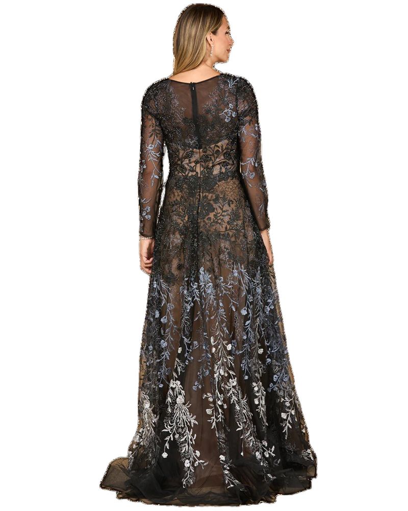 Women's Long Sleeve V-Neck Ombre Lace Gown