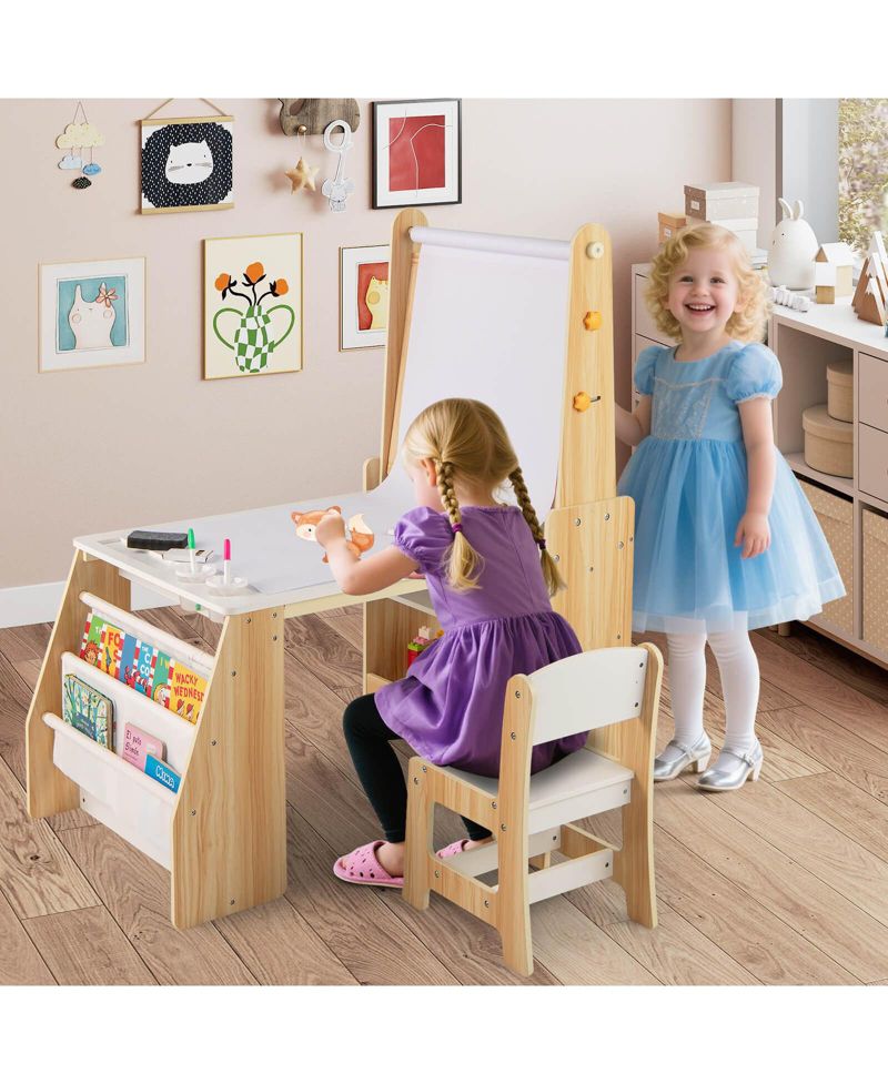 Kids Art Table and Chair Set with Easel Whiteboard Chalkboard Paper