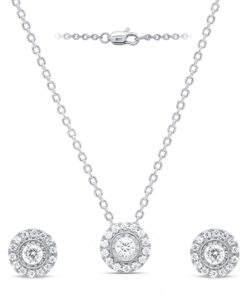 2-Pc. Set Lab Grown Diamond Halo Pendant Necklace & Matching Stud Earrings (1 ct. t.w.) in Sterling Silver or 14k Gold-Plated Sterling Silver