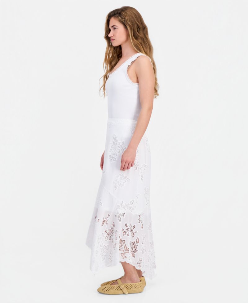 Petite Asymmetric Floral Cutwork Pull-On Skirt