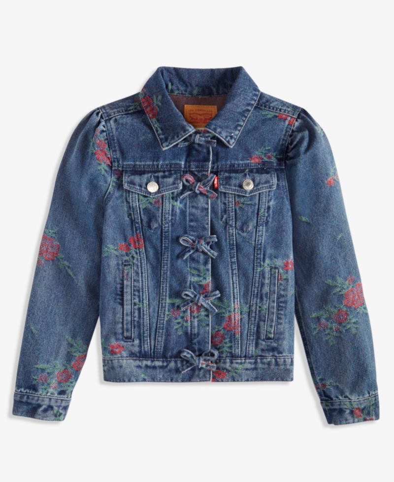 Girls' S-XL Floral Jacquard Trucker Jacket With Bows