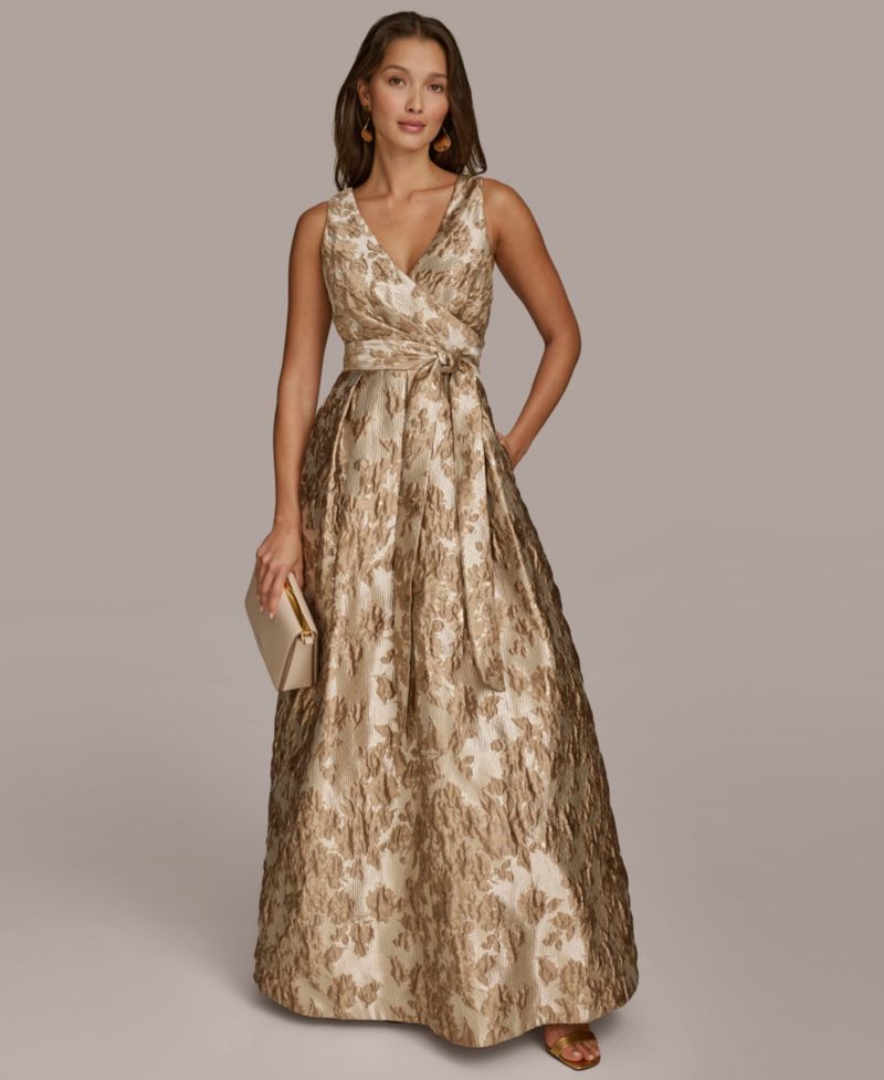 Women's Metallic Brocade Sleeveless Wrap Ball Gown