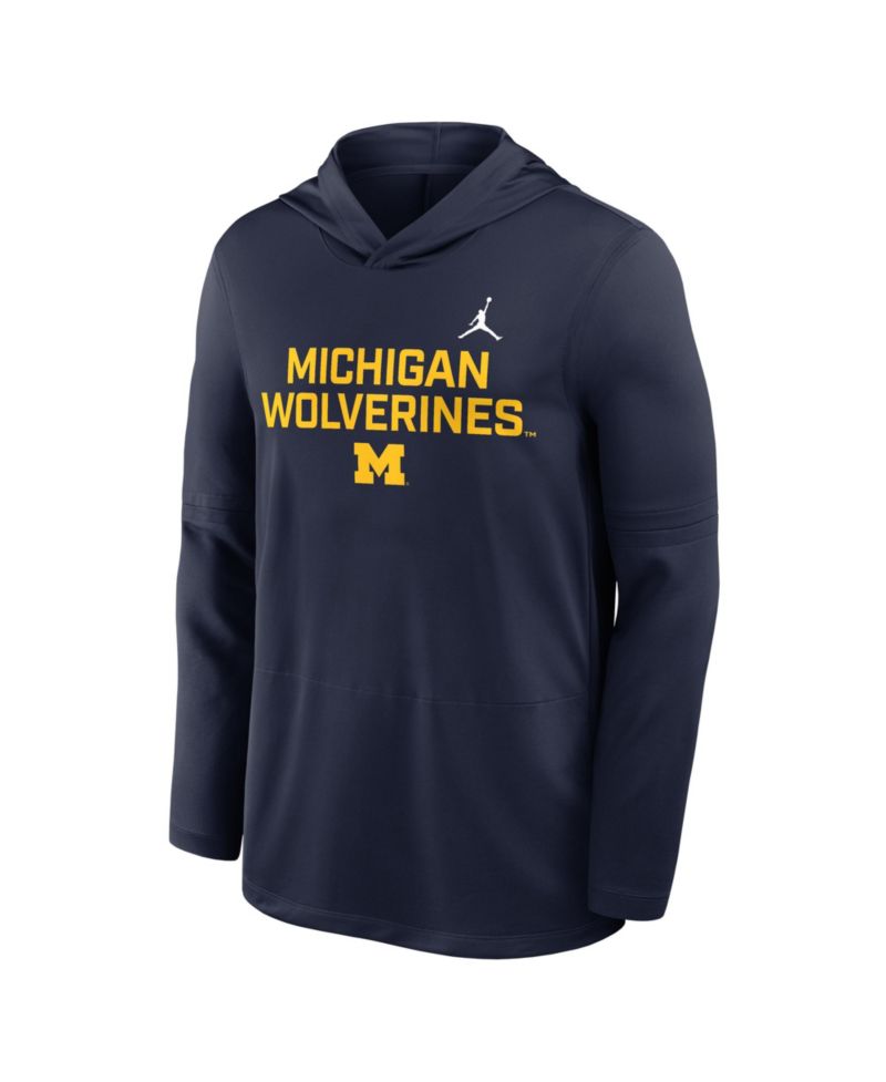 Men's Navy Michigan Wolverines 2025 Sideline Performance Long Sleeve Hoodie T-Shirt