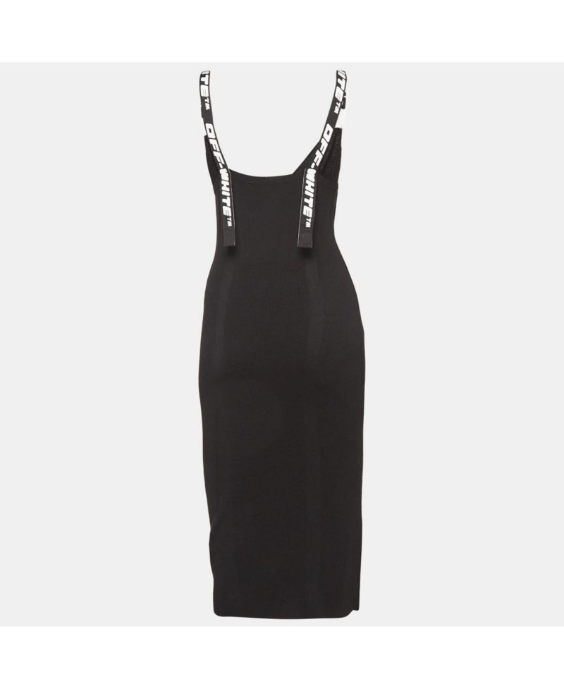 Women's Black Rib Knit Logo Strap Fitted Short Dress