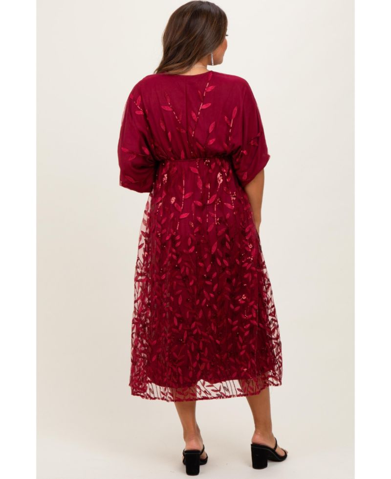 Women's Pinkblus Burgundy Embroidered Tulle Dolman V-Neck Midi Dress