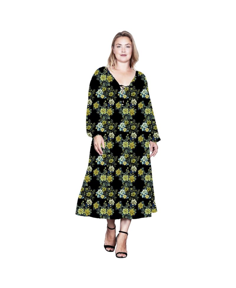 Plus Size Floral-Print Sheer Sleeve Midi Dress