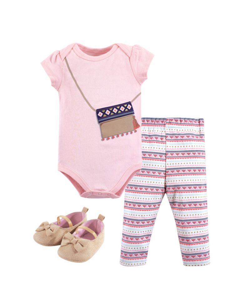Little Treasure Baby Girls Treasure One's Cotton Outfit Set Bodysuit, Pants, and Matching Shoes