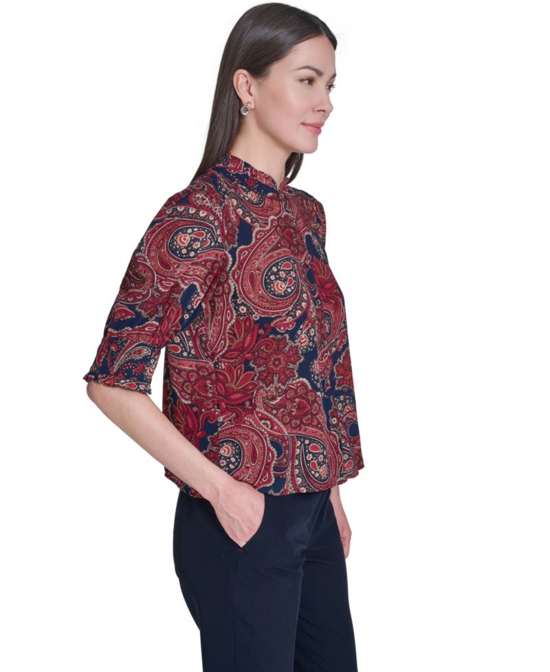 Women's Paisley Print Ruffle Neck Button Up Blouse