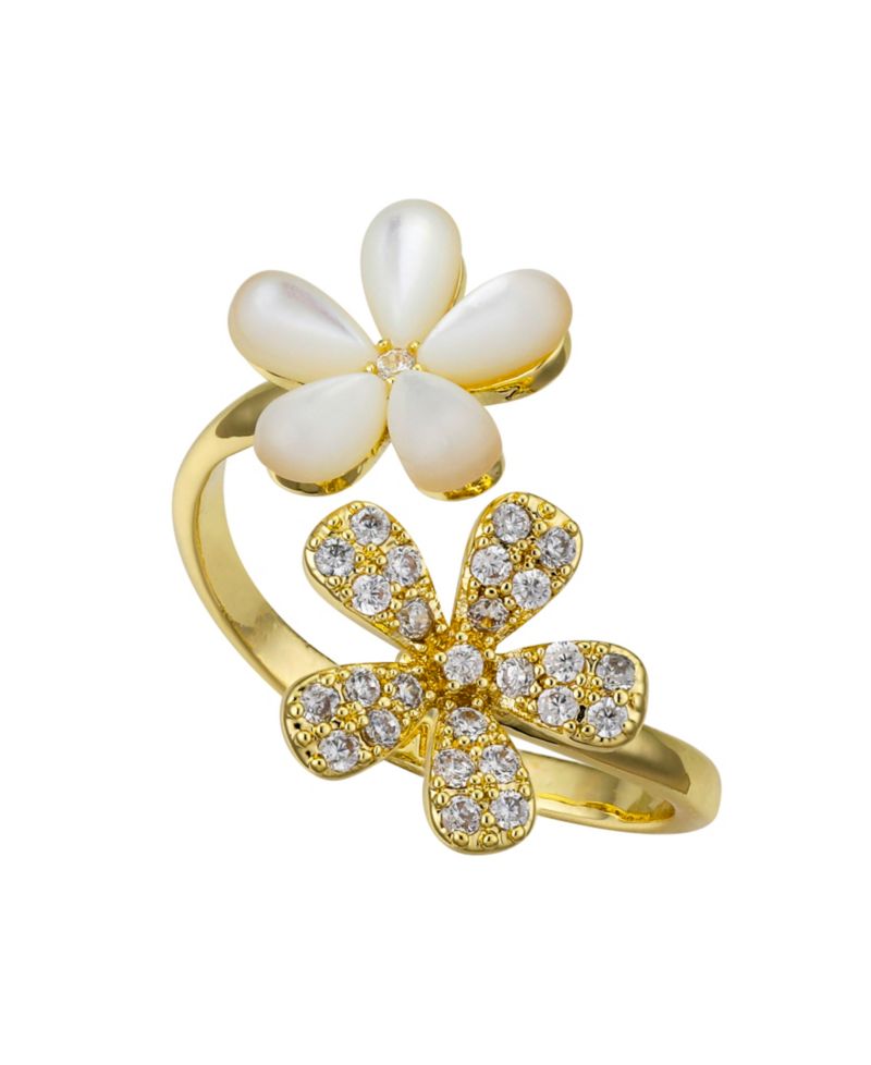 Cubic Zirconia Mother of Pearl Flower Bypass Ring
