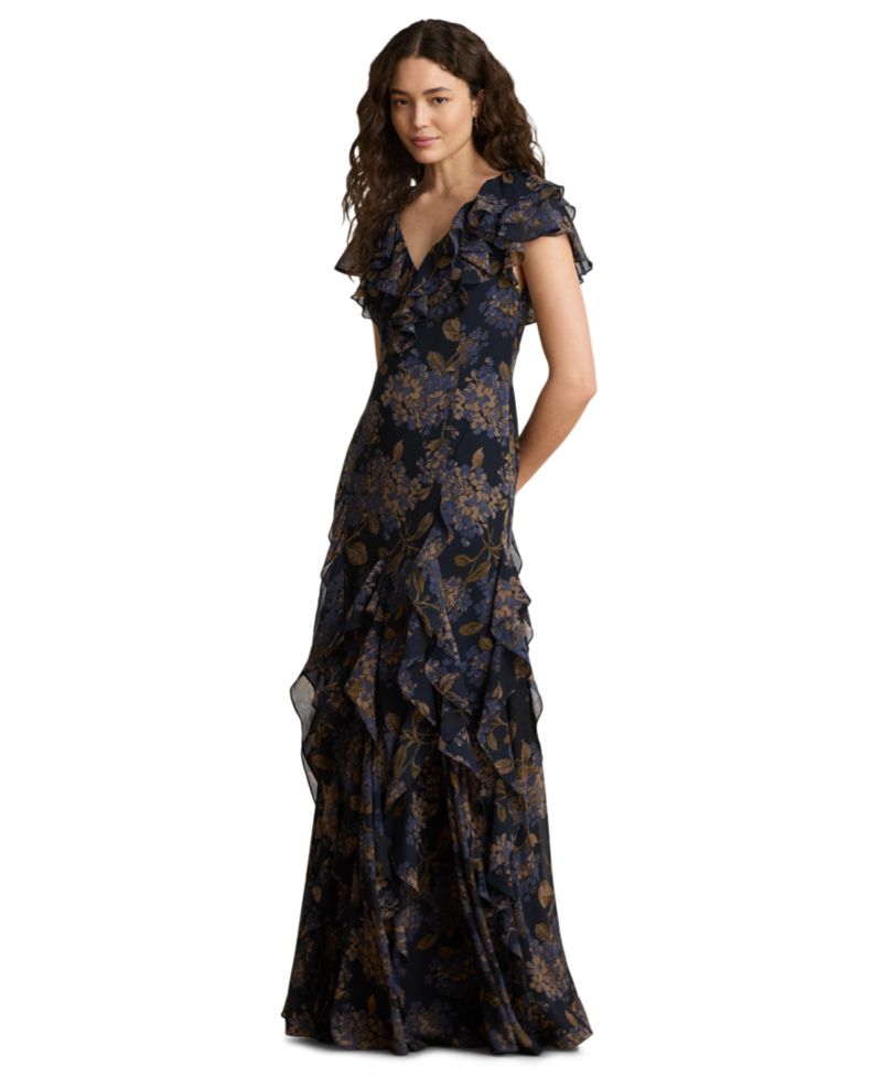 Women's Floral Ruffle-Trim Georgette Gown