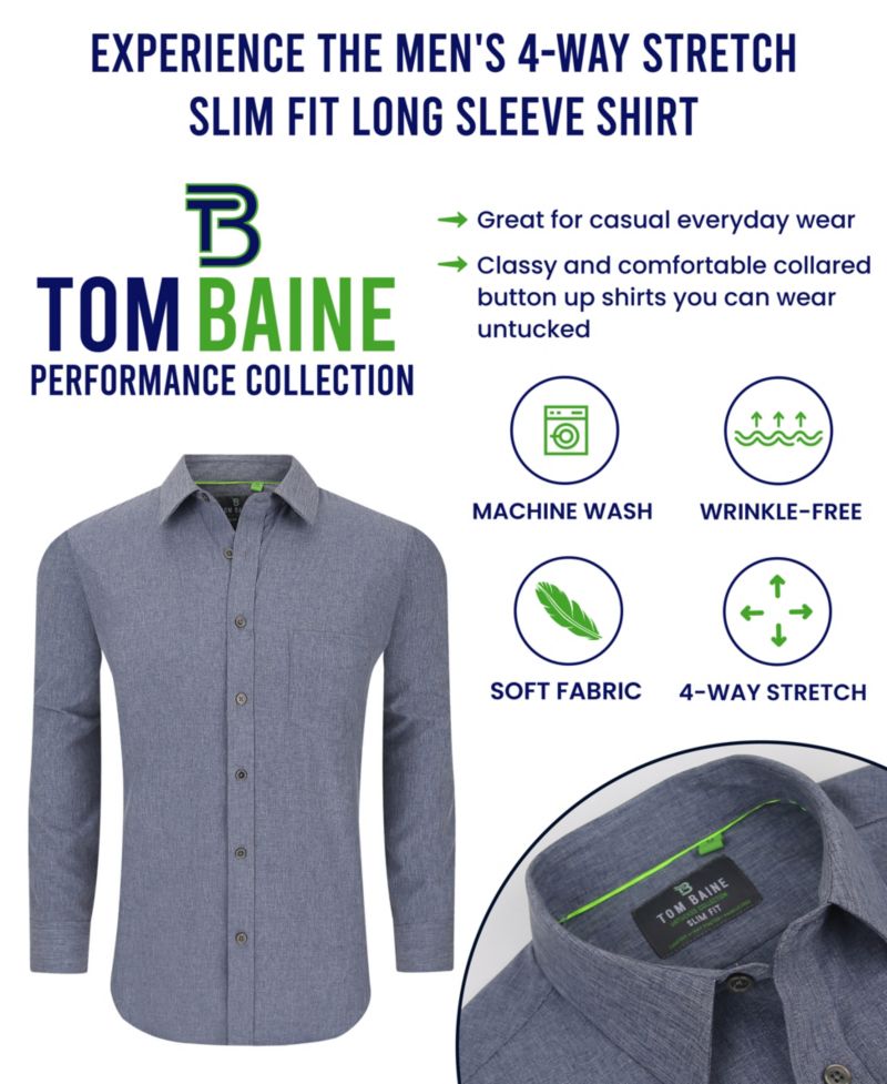 Men's Slim Fit Performance Long Sleeve Solid Button Down Dress Shirt