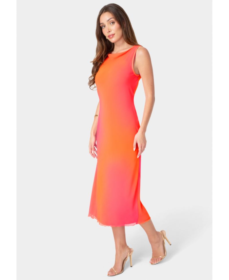 Women's Smudge Chiffon Gradient-Pattern Racer Neck Wedding Guest Maxi Dress