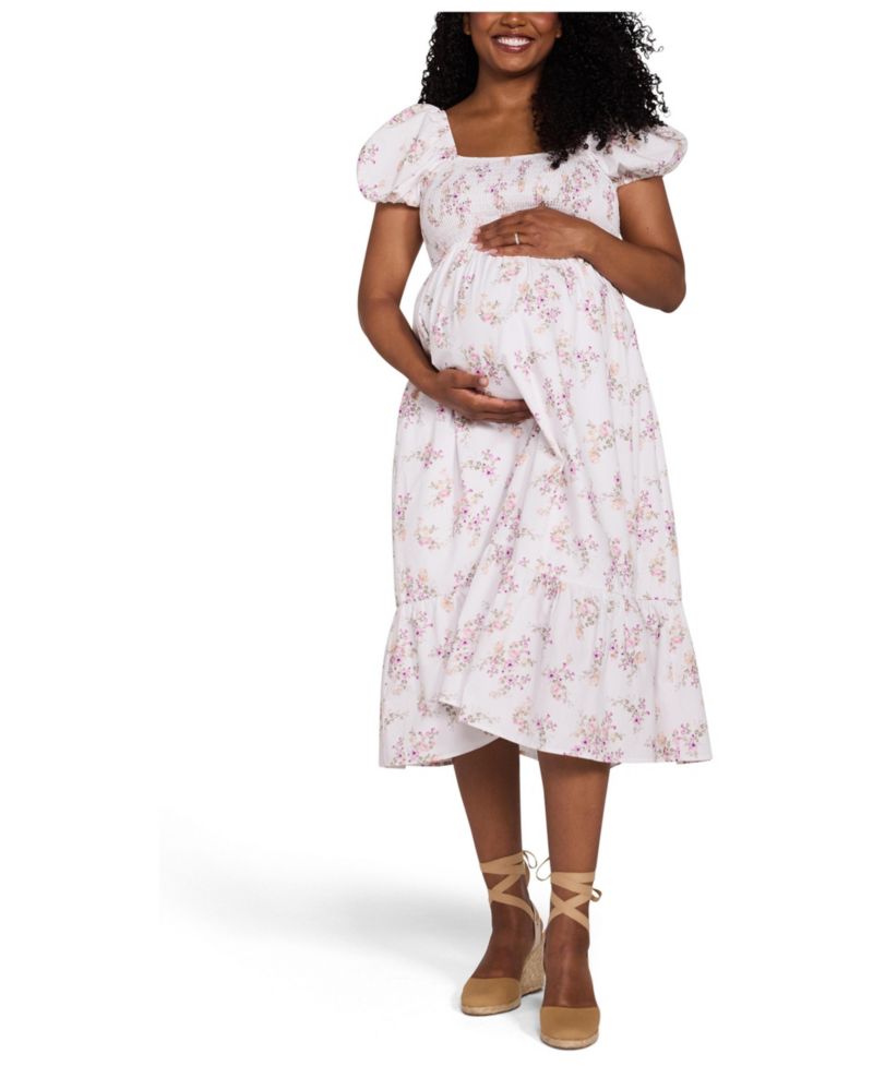 Women's Motherhood Smocked Bodice with Puff Sleeves Midi Dress