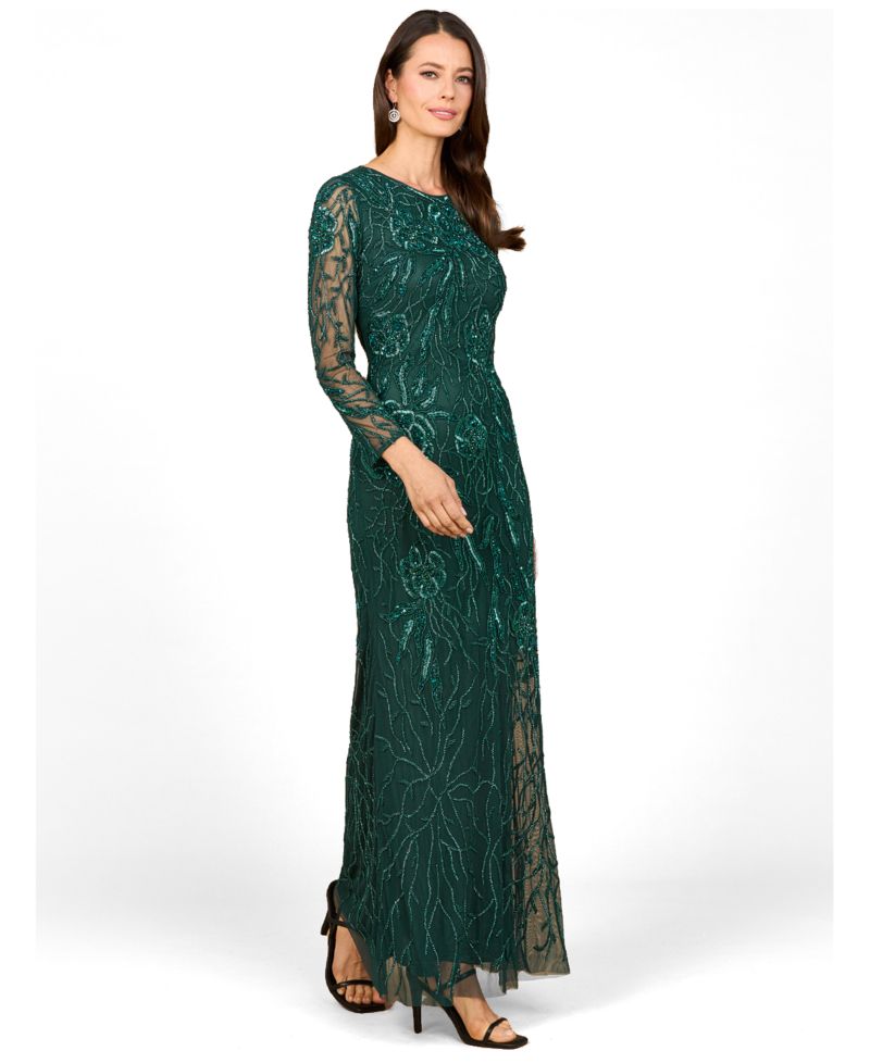 Women's High Neck, Long Sleeve Beaded Gown