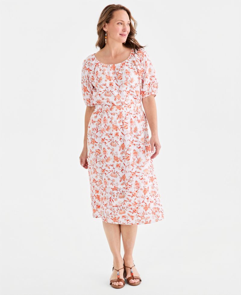 Women's Printed Cotton Gauze Pull-On Midi Skirt