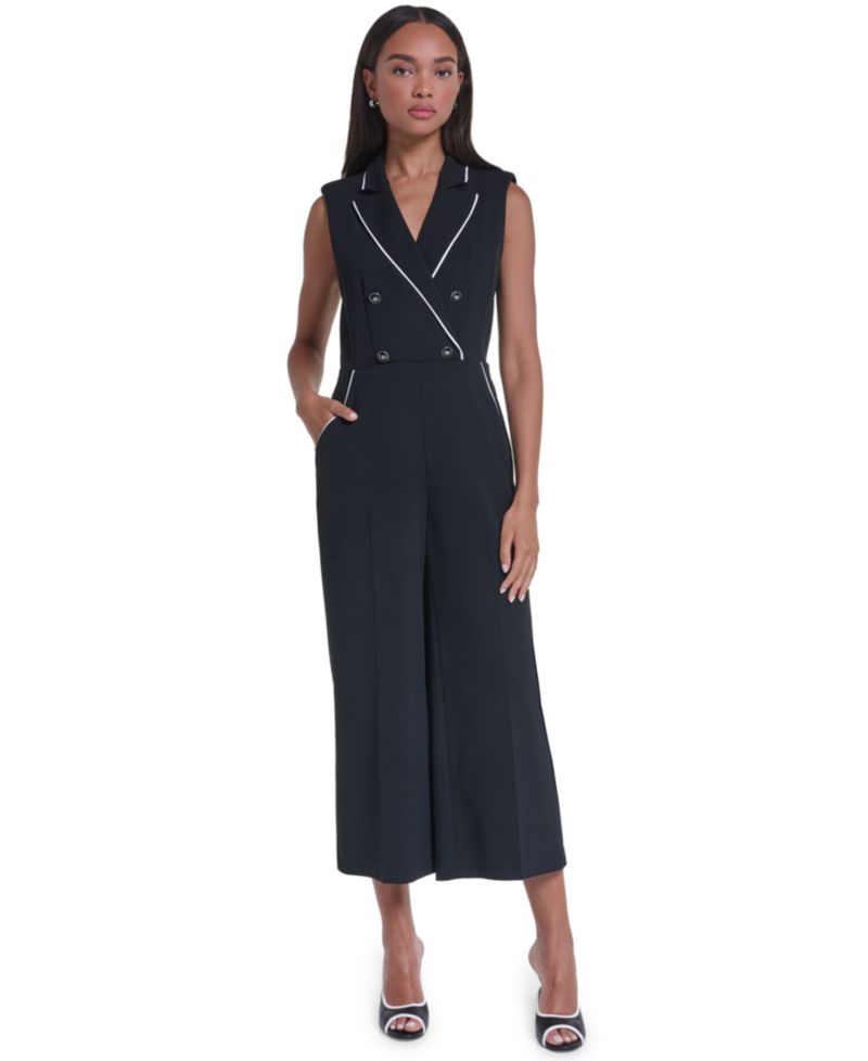 Women's Scuba Crepe Sleeveless Collared Wide-Leg Jumpsuit