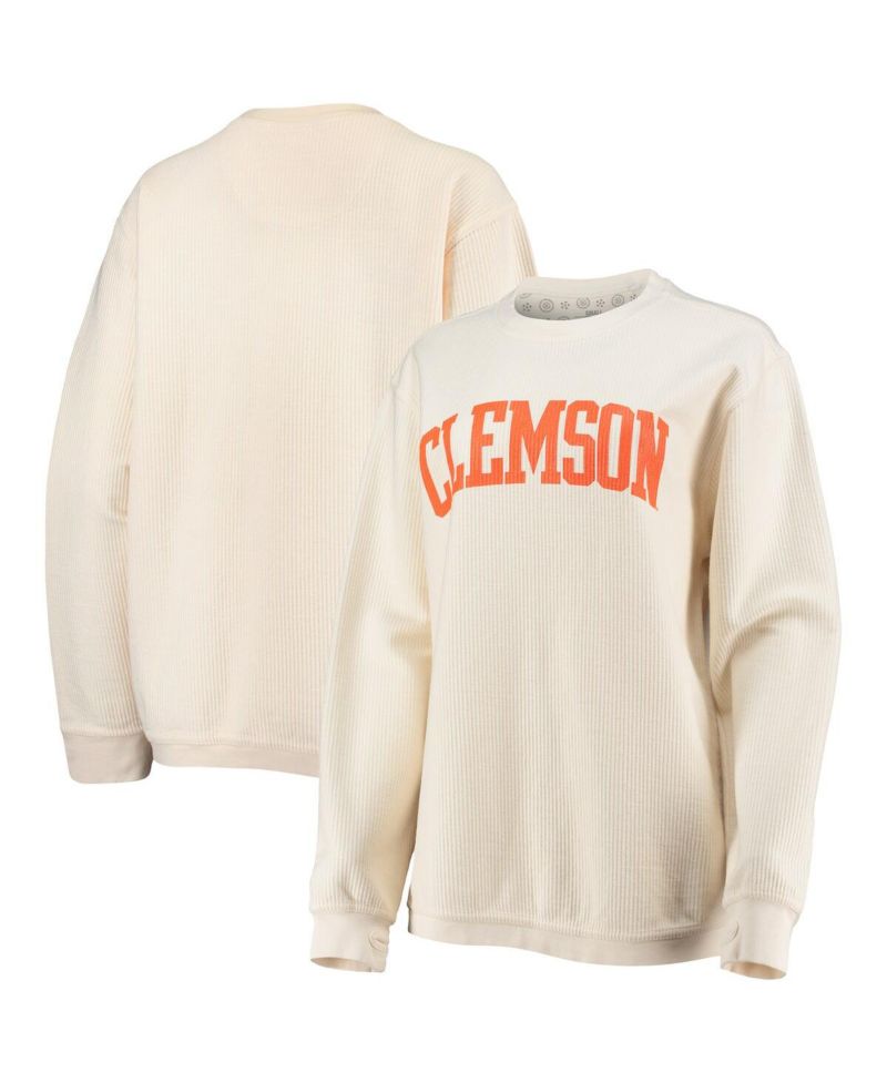 Women's White Clemson Tigers Comfy Cord Vintage-Like Wash Basic Arch Pullover Sweatshirt