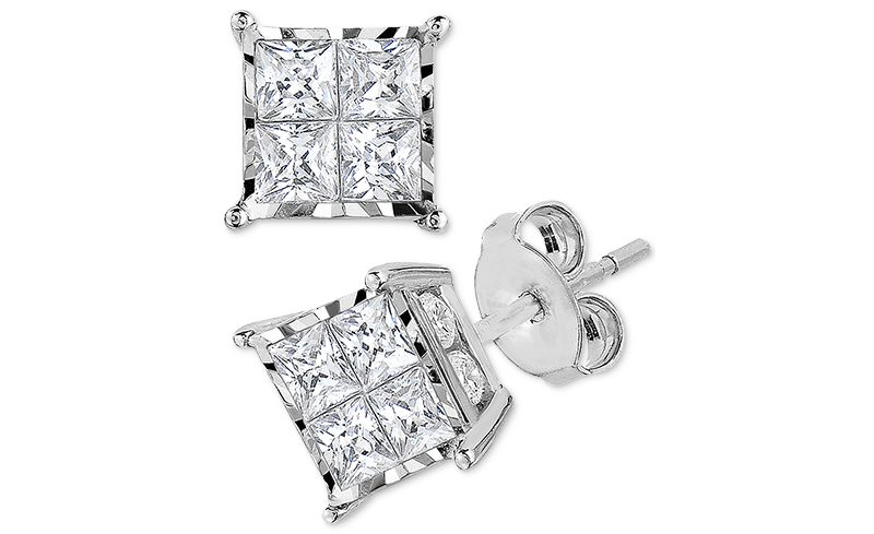 Diamond Princess Cluster Stud Earrings in 14k Gold