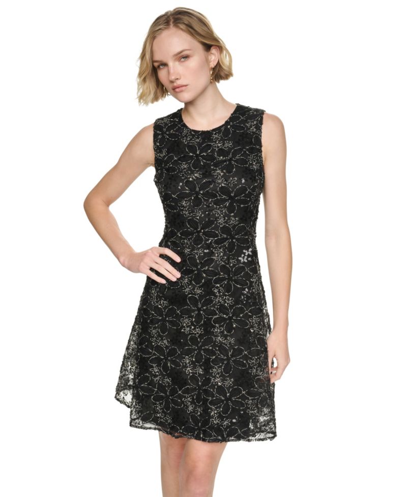 Petite Floral-Print Lace Fit & Flare Dress