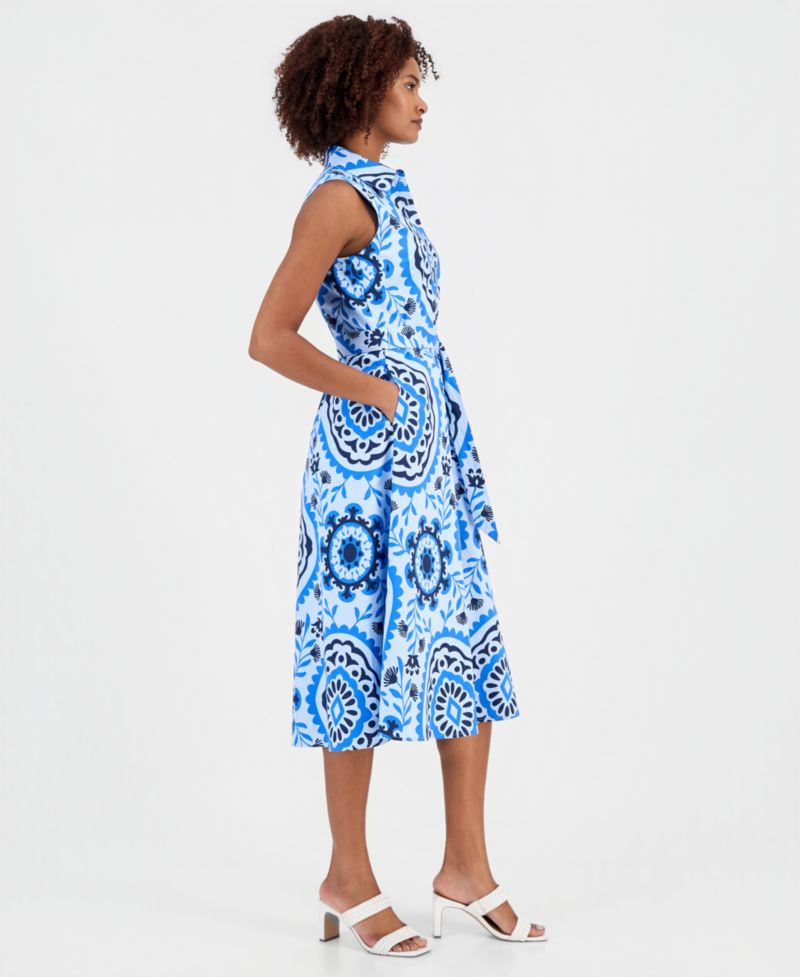 Women's Printed Sleeveless Belted Shirtdress