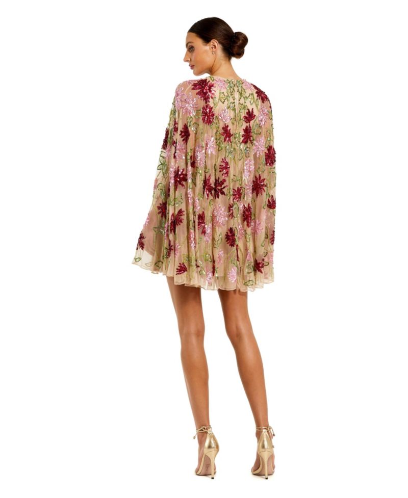 Women's Floral Beaded Mesh Shawl Mini Dress