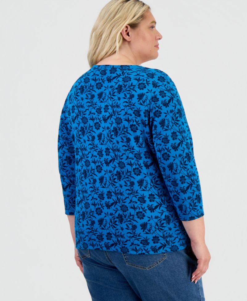 Plus Printed 3/4 Sleeve Henley Top