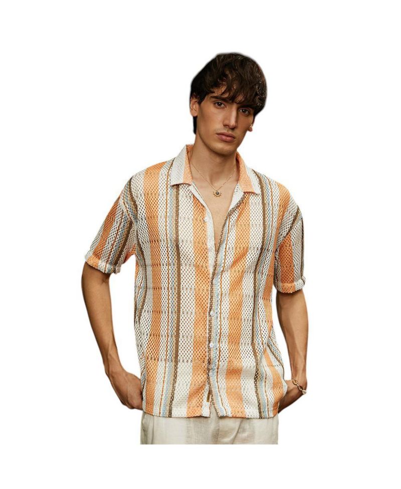 Men's Coral Orange & Saltbox Beige Multitrack Knit Oversized Shirt