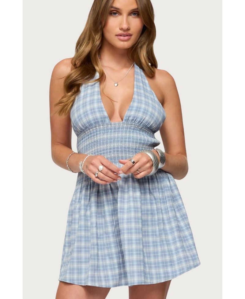 Women's Plaid Smocked Halter Mini Dress