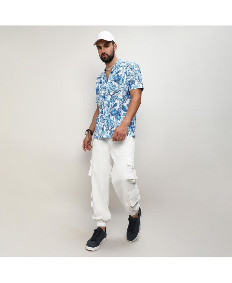 Men's Chalk White:Indigo Blue Mesh Foliage Shirt