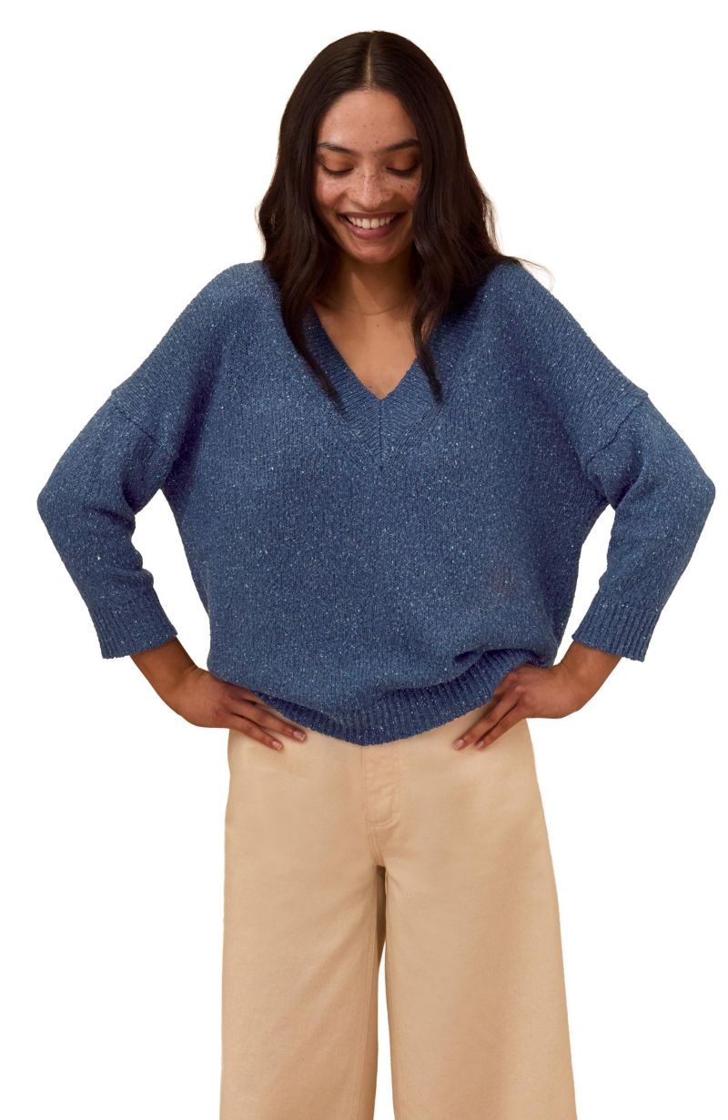 Women's Cotton Blend Flecked V-Neck Sweater