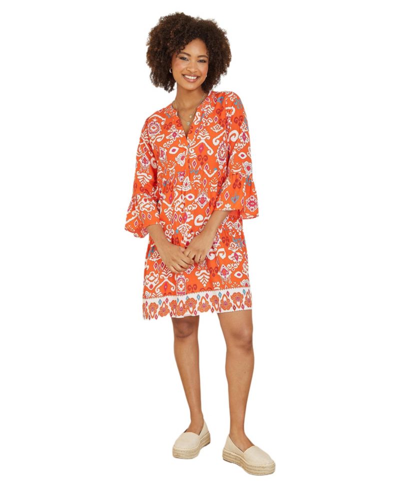Women's Ikat Print 3/4 Sleeve Tunic Dress