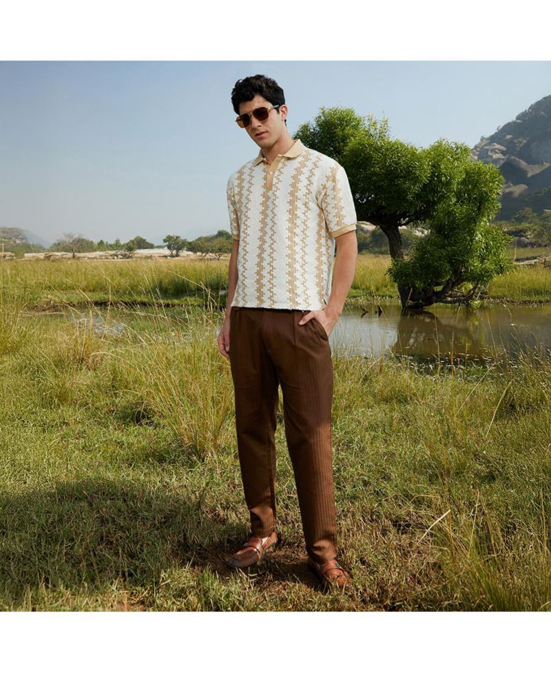Men's Buff Beige & Cream White Indie-Block Polo T-Shirt