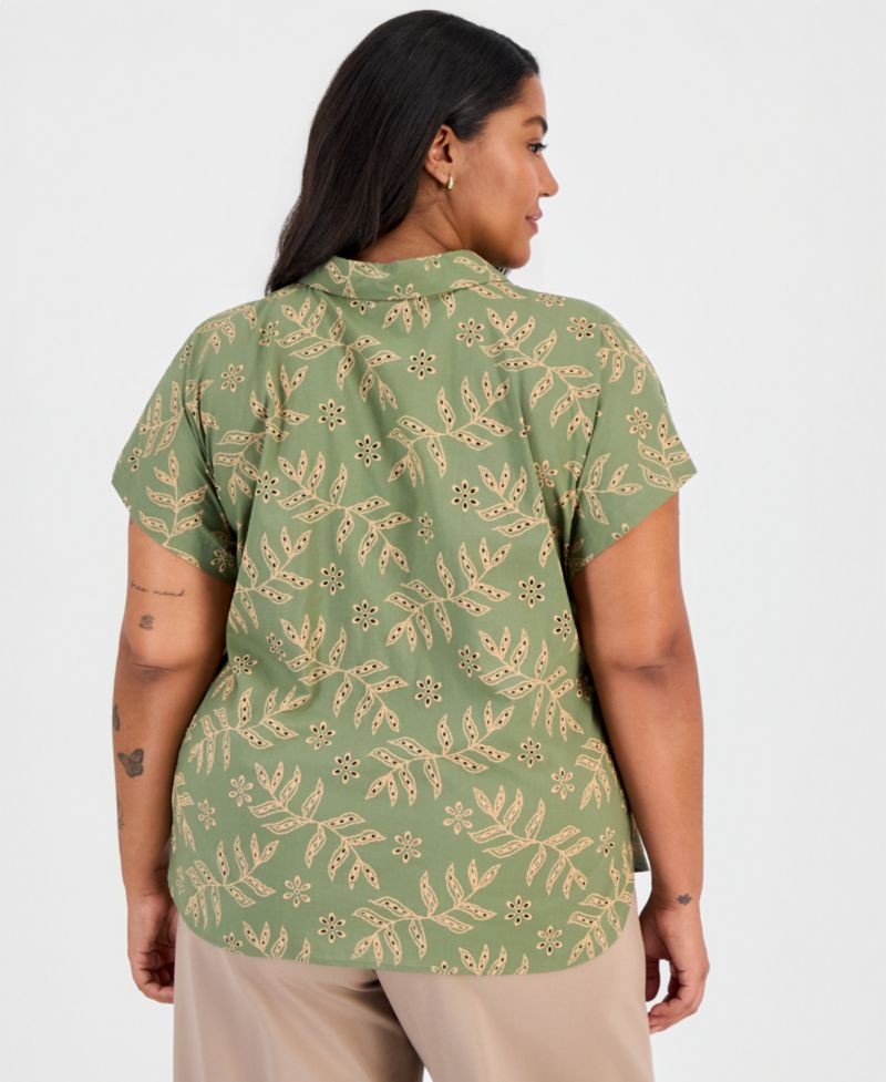 ASL Plus Size Embroidered-Look Short-Sleeve Camp Shirt
