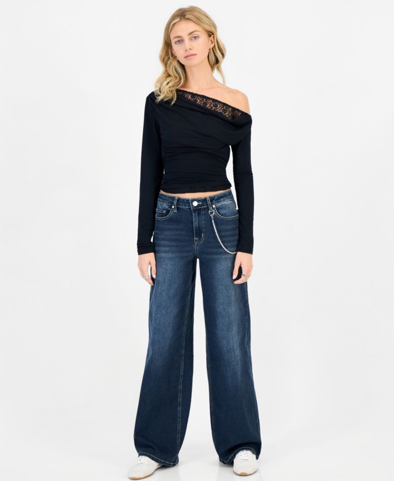 Juniors' 90s Wide Leg Rhinestone-Chain High-Waisted Cotton-Blend Jeans