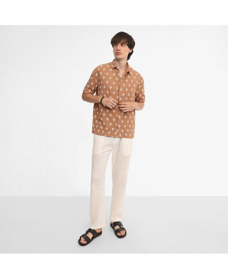 Men's Tan Floral-Tactile Oversized Shirt