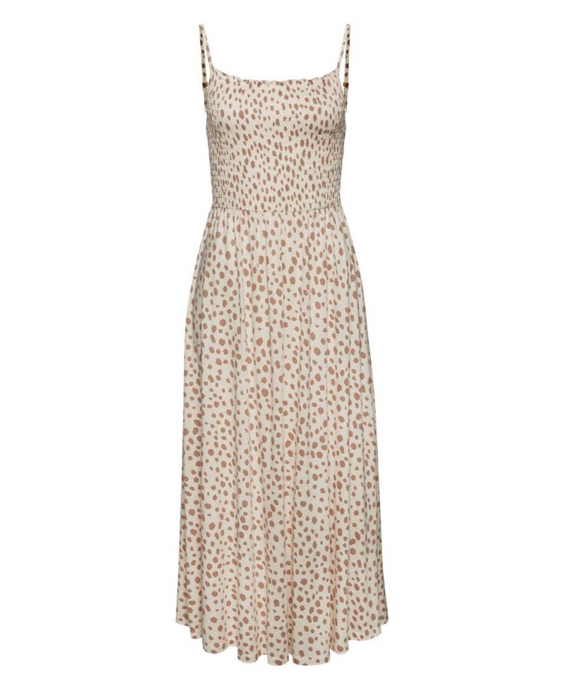 Women's Viscose Printed Smocked Dot A-Line Square-Neck Midi Dress