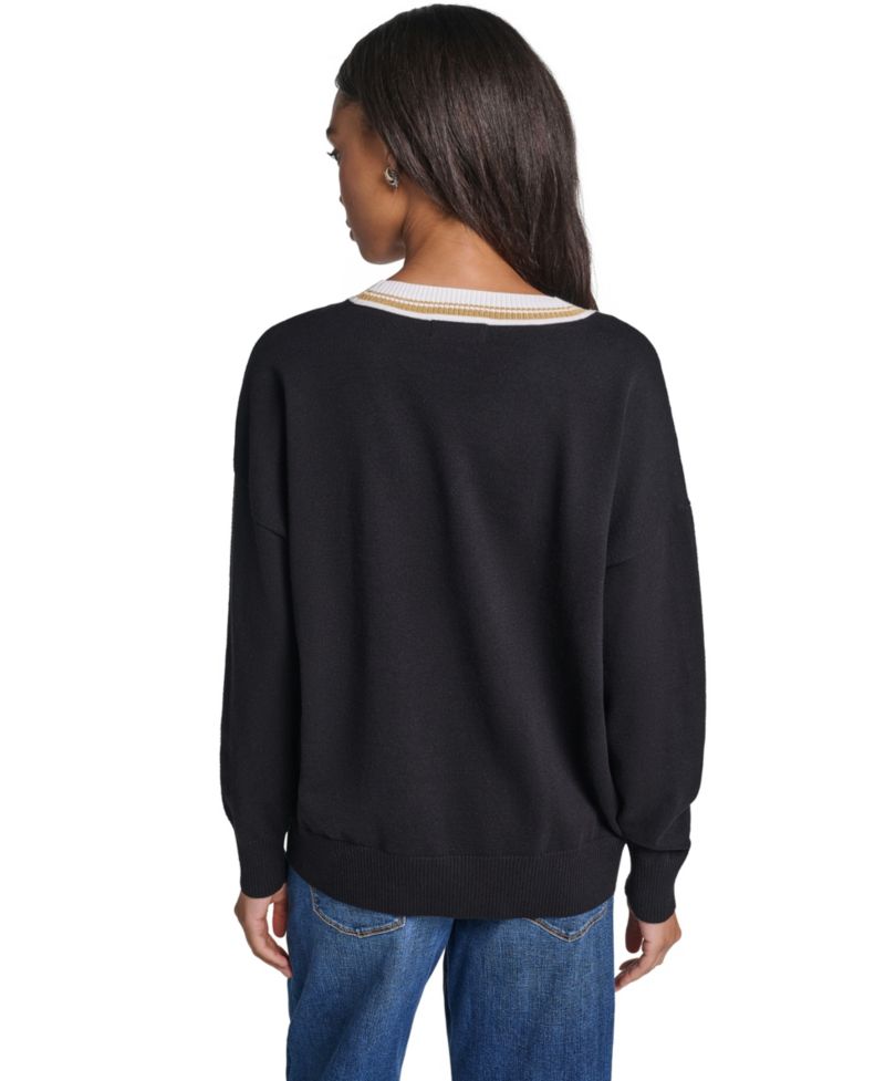 Women's Karl Patches Long-Sleeve Graphic-Patch V-Neck Sweater