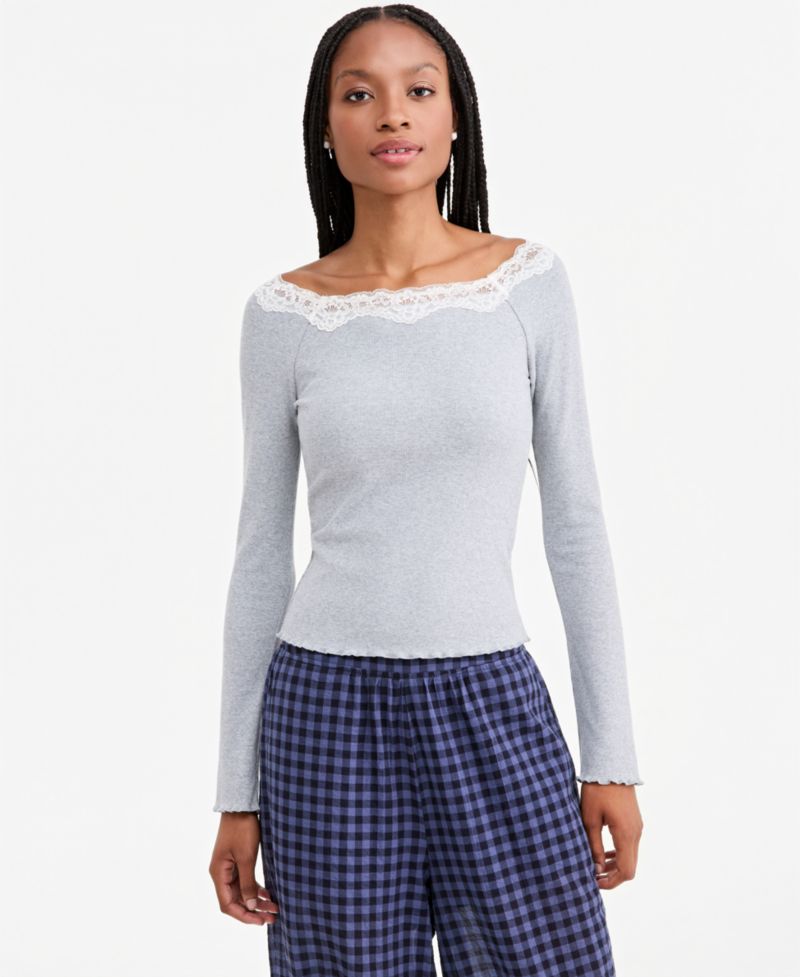 Petite Lace-Trim Scoop-Neck Long-Sleeve Top