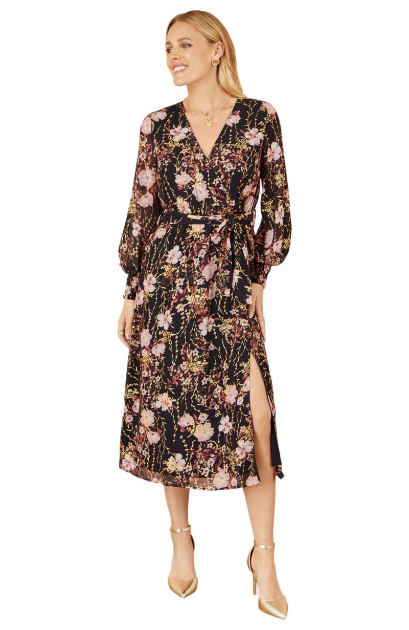 Women's Foiled Floral Print Wrap Midi Dress