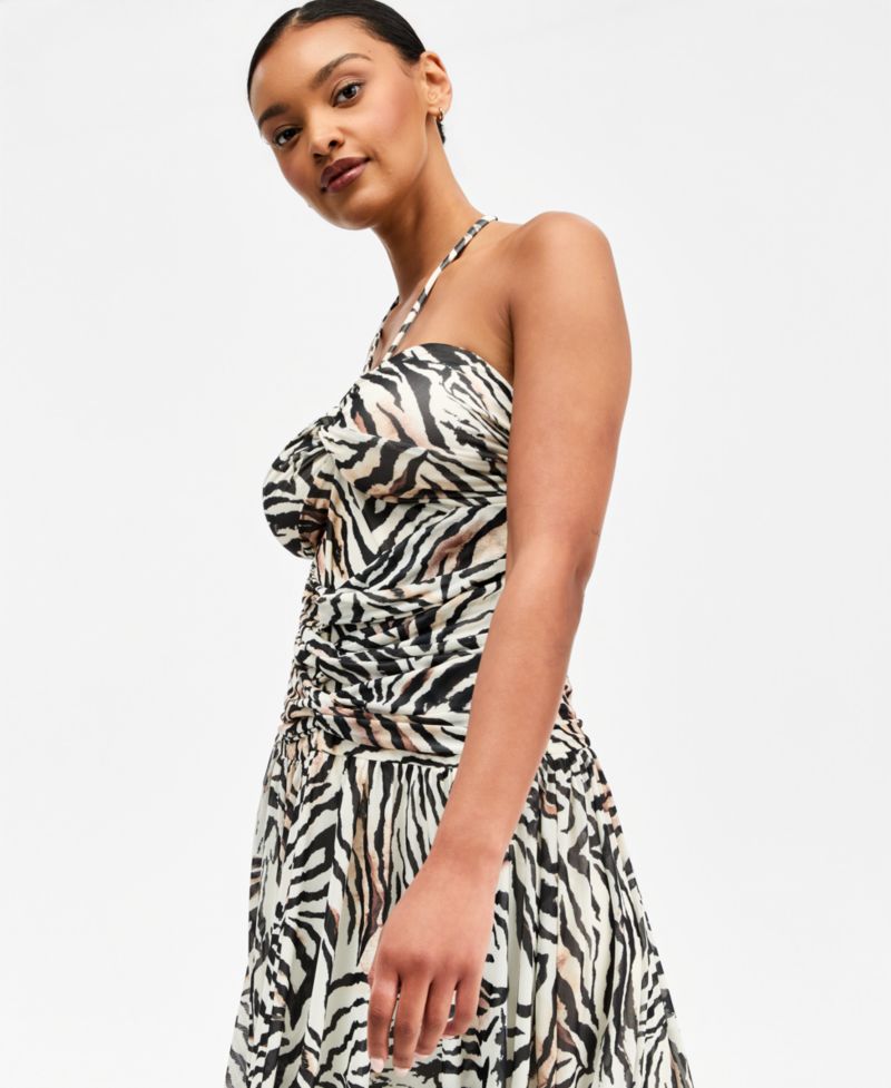 Women's Zebra Printed Asymmetric Mesh Midi Dress