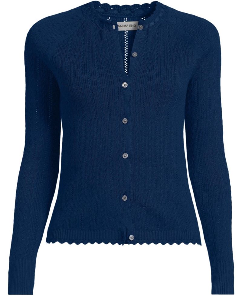 Women's Cotton Pointelle Satin Trim Cardigan Sweater