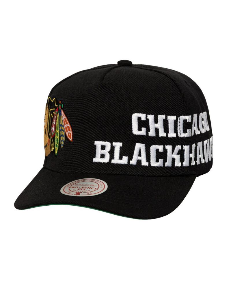 Men's Black Chicago Blackhawks Busted Logo Wordmark Wrap Around Pro Pinch Adjustable Hat