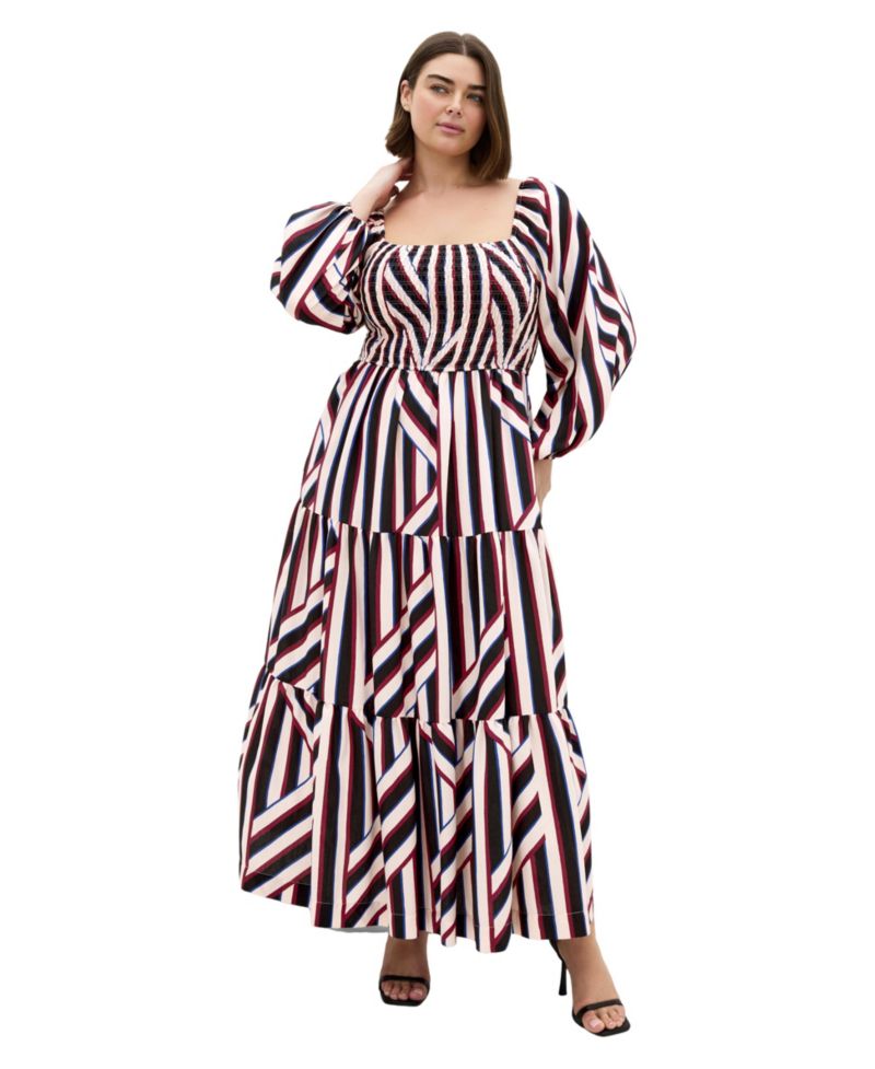 Plus Size Long-Sleeve Stripe Shirred Maxi Dress