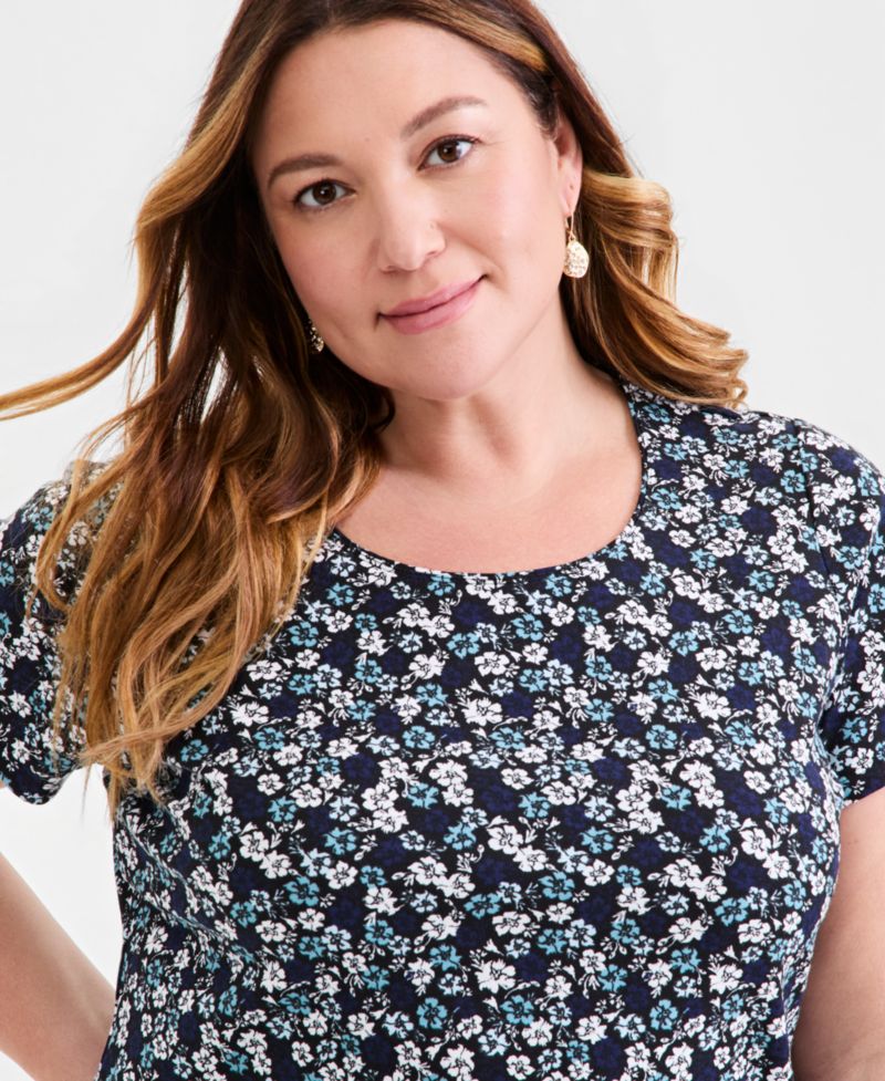 Women's Plus Size Printed Short-Sleeve Scoop-Neck Top