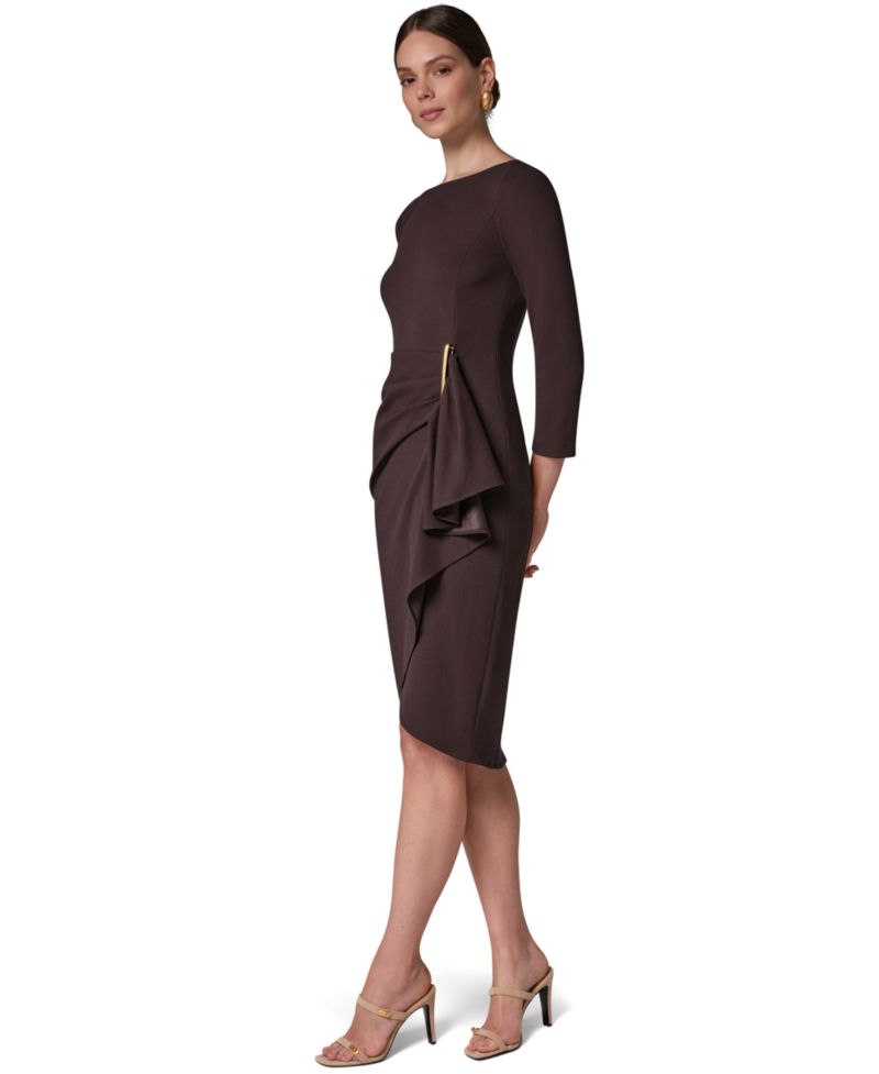 Petite Long-Sleeve Boat-Neck Side Cascade Ruffle Dress