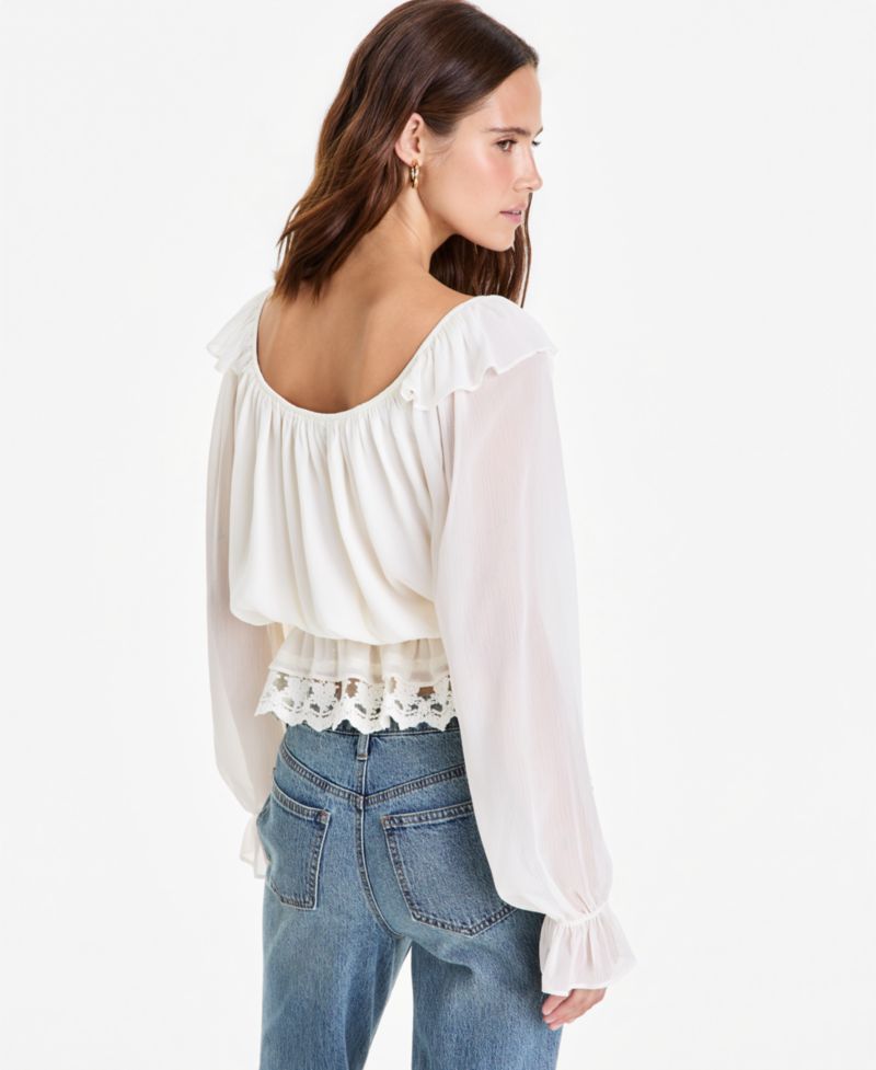 Petite Lace Long-Sleeve Ruffle Blouse