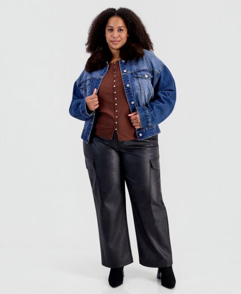 Plus Size Removable Faux-Fur Collar Denim Cropped Jacket