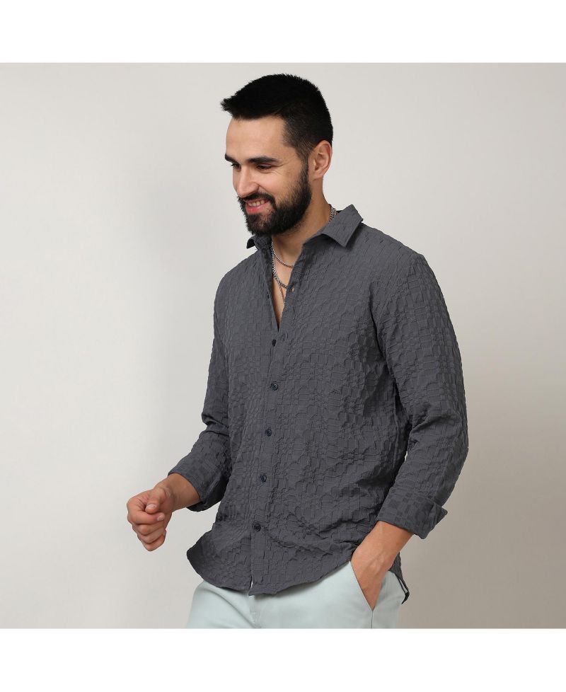 Men's Charcoal Grey Embossed Geometric Shirt